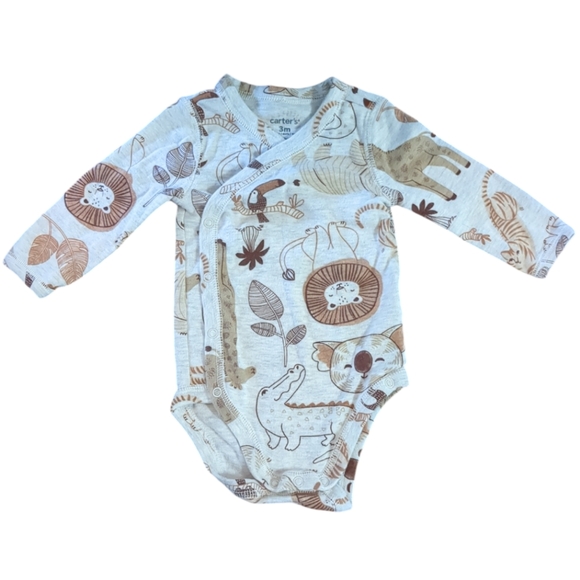 🍁2/$7🍁CARTERS NWOT Grey and Brown Animal Print Long Sleeve Onesie - Picture 1 of 2